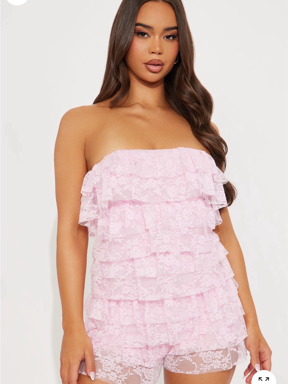 Fashion nova Strapless Pink Lace Ruffle Romper Dress